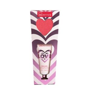 Set de regalo con crema de manos y bomba de baño en empaque colorido y romántico con diseño de corazones.