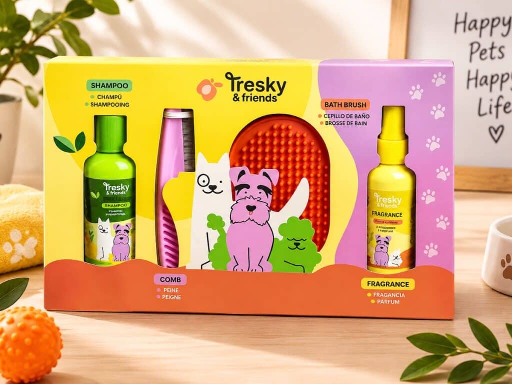 Set de baño para perros: incluye champú, peine, cepillo y perfume, en un colorido empaque listo para regalar