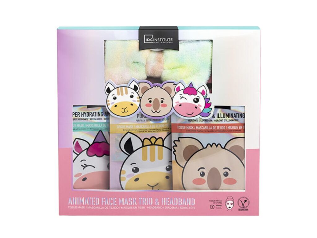 Set de tres mascarillas hidratantes para niños con diseños de animales (cebra, koala y unicornio) y una banda de pelo con lazo multicolor