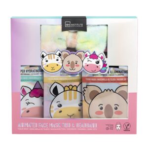 Set de tres mascarillas hidratantes para niños con diseños de animales (cebra, koala y unicornio) y una banda de pelo con lazo multicolor